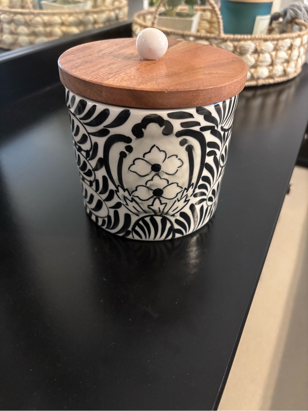 Black & White Floral Ceramic Jar with Wood Lid